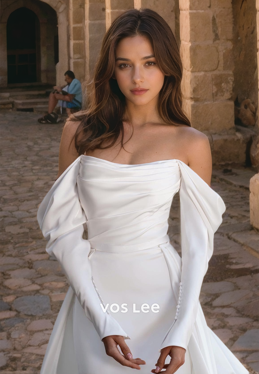 Royal Scoop Mermaid Satin Bridesmaid Dress Long Sloeeves Satin Floor Length Wedding Dress