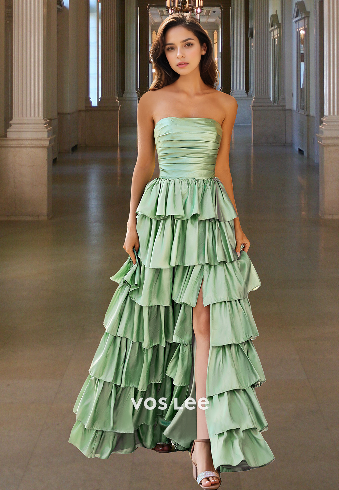 Simple A-Line Strapless Back Zipper Tiered Long Satin Prom Formal Dress