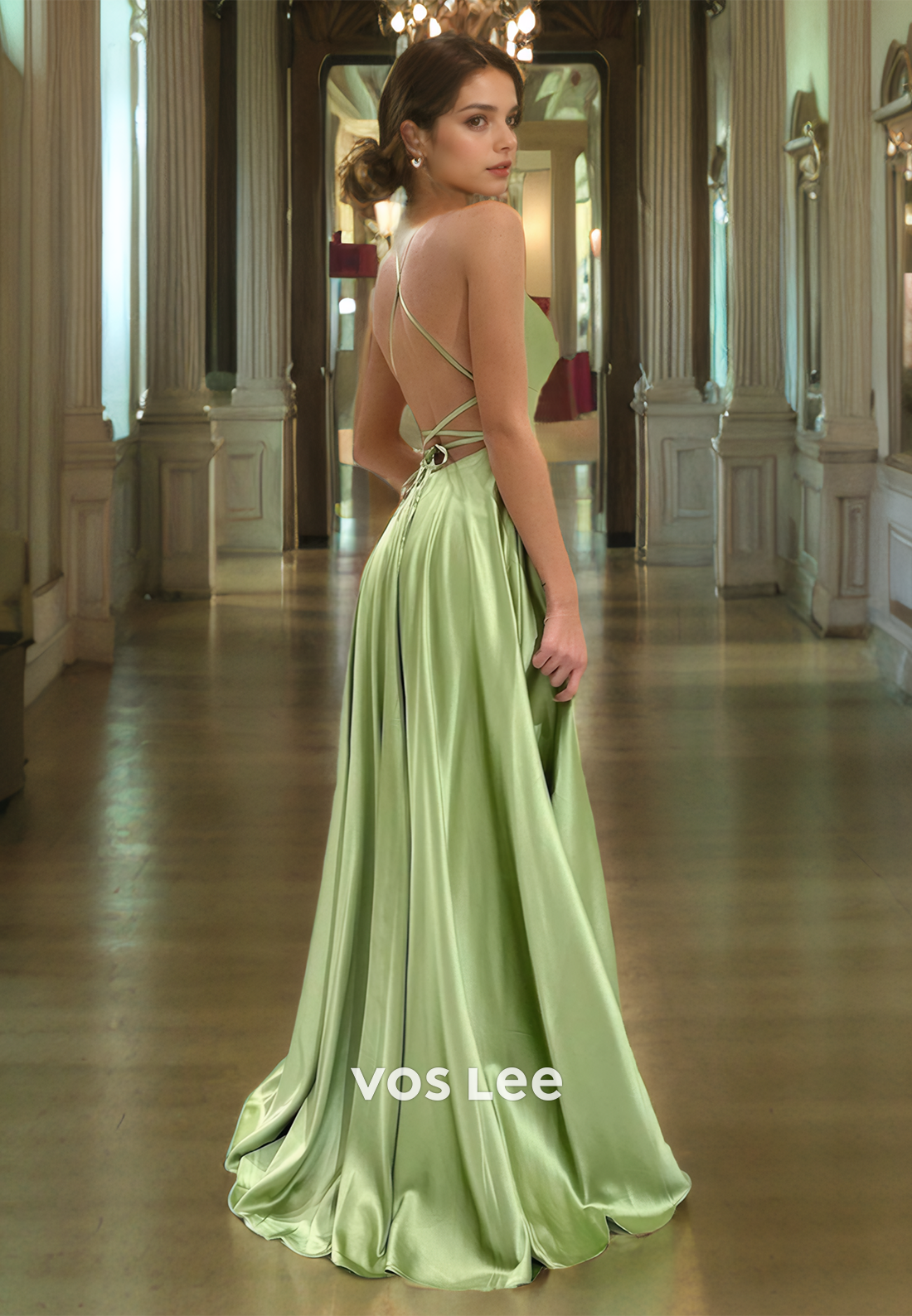 A-Line Spaghetti Straps Sweep Train Prom Dress with Criss-Cross Straps