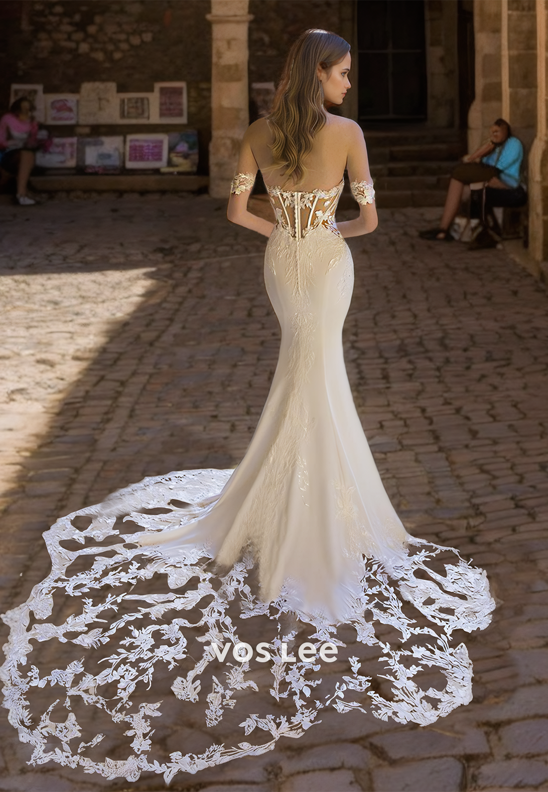 Graceful Off Shoulder Sleeveless Lace Appliques Court Train Ruched Satin Wedding Dress