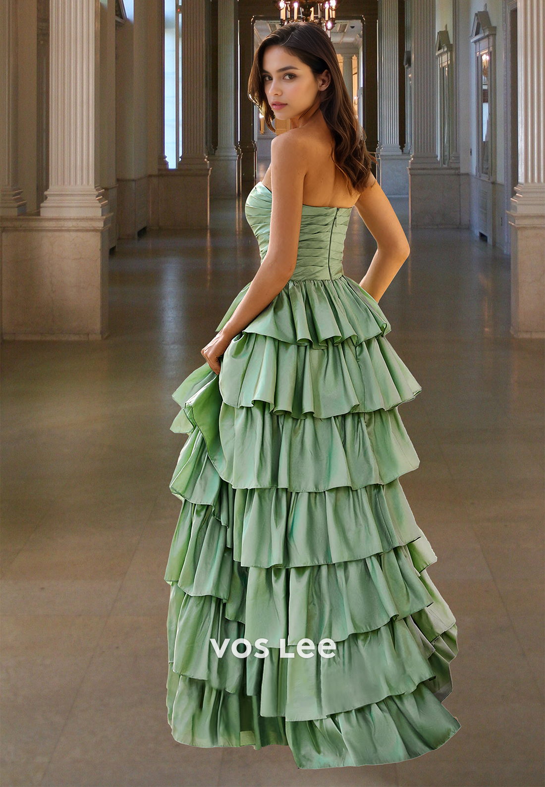 Simple A-Line Strapless Back Zipper Tiered Long Satin Prom Formal Dress