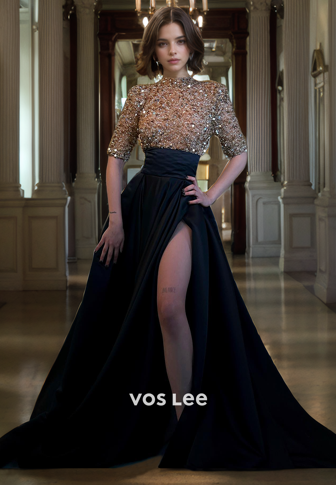 A-Line Sparkly Sequined O-Neck Evening Party Gown Short Sleeves Elegant Quinceanera Dress with Slit