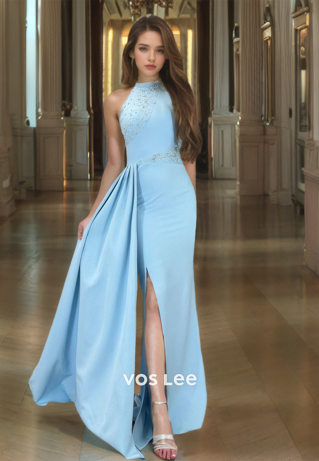Modest Sheath Halter Back Zipper Sleeveless Ruched Stain Sky Blue Sati VOS LEE Modest Sheath Halter Back Zipper Sleeveless Ruched Stain Sky Blue Sati VOS LEE