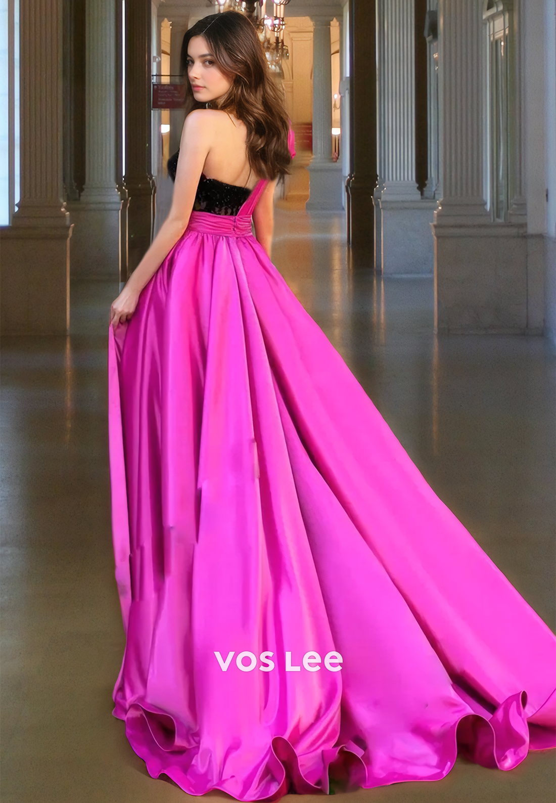 A-Line One Shoulder Satin Prom Gown with High Split Fuchsia Sweetheart Ruched Evening Party Dress
