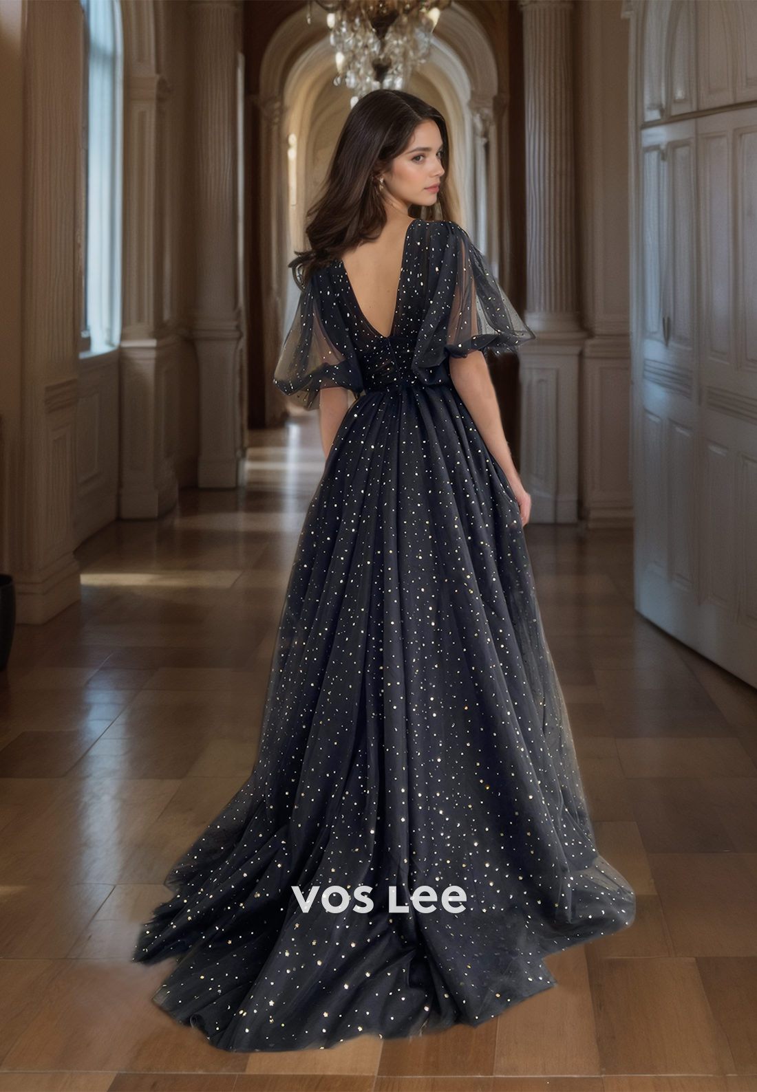 A-Line V neck Polka Dot Black Tulle Evening Prom Gown with Slit Short Sleeves Quinceanera Dress