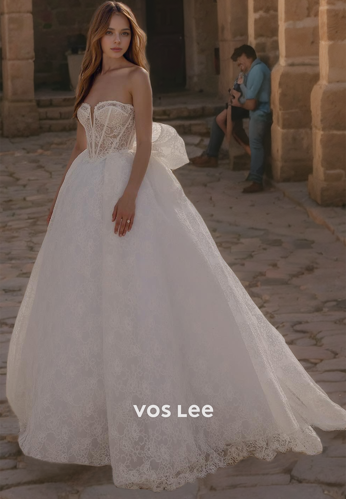A-Line Sweetheart Strapless Wedding Gown Royal Lace Bow Bride Dress Floor Length