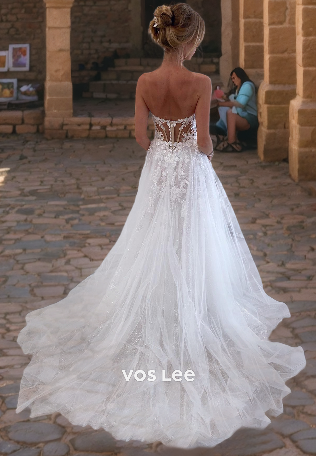 A-Line Sweetheart Appliqued Formal Wedding Dress Tulle Strapless Zipper Back Bride Dresses