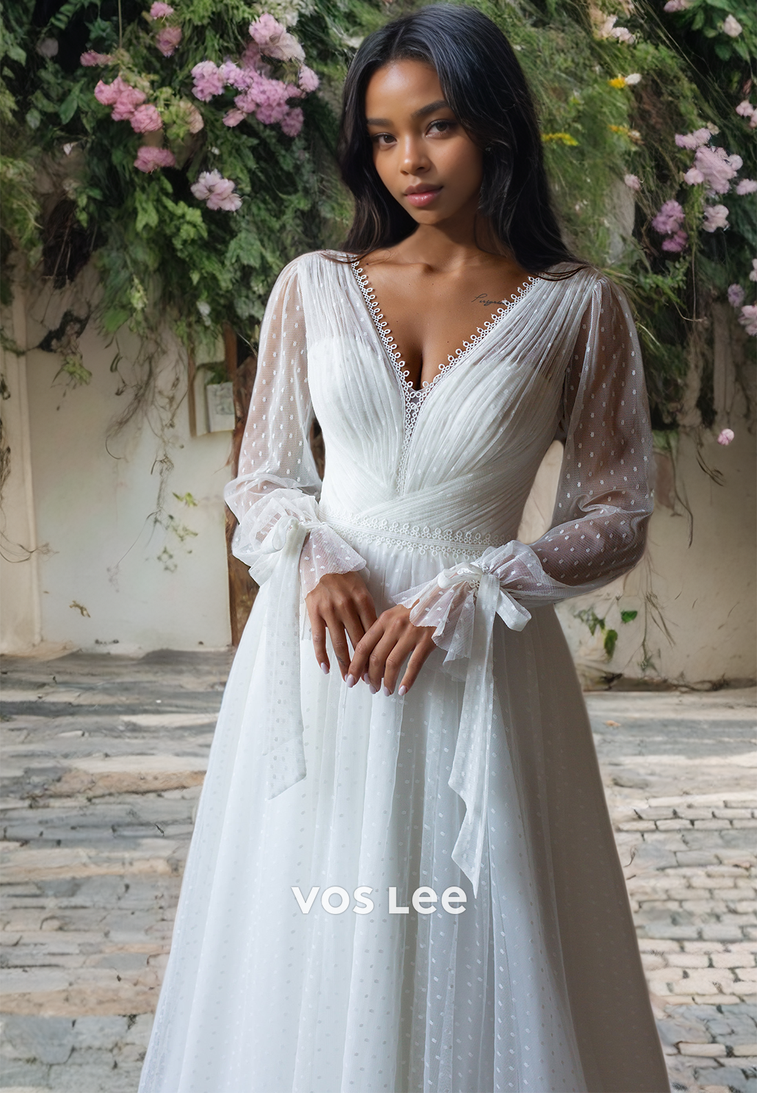 A-Line Polka Dot V-Neck Formal Wedding Dress Floor Length Chiffon Long Sleeves Bride Gown