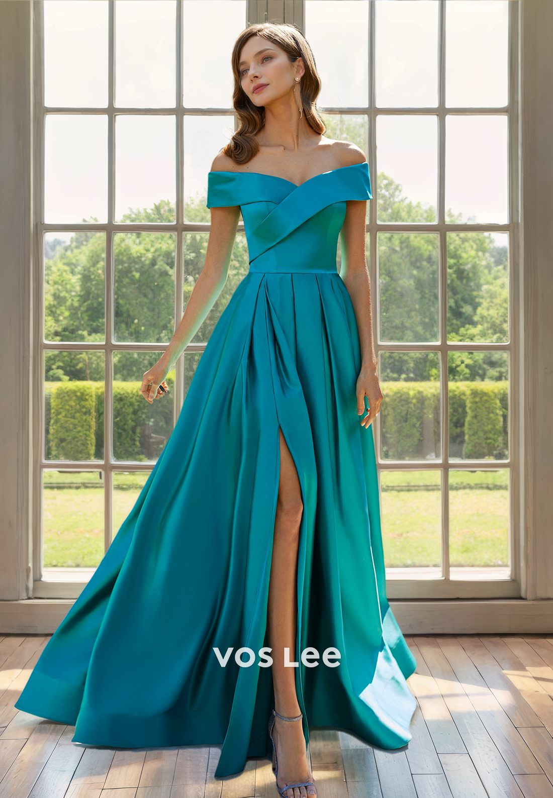 Sweetheart Off-Shoulder Satin A-Line Prom Dress Draped Floor Length Elegant Party Gown