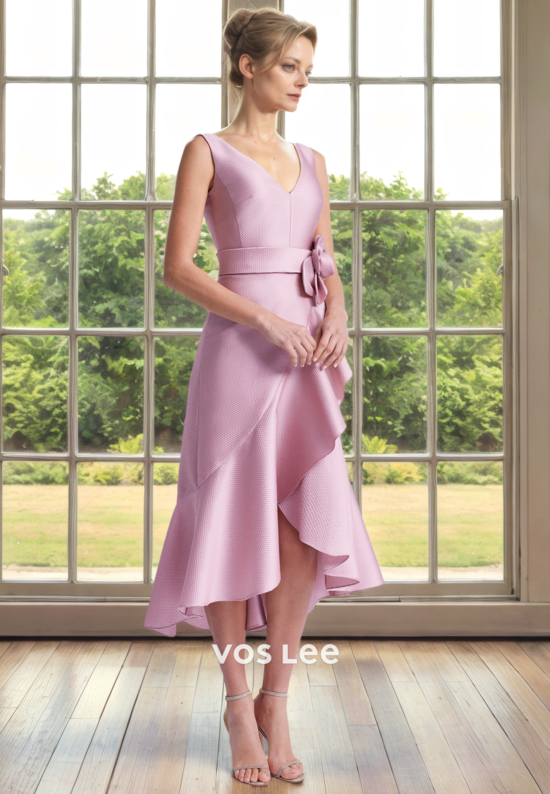 Column V Neck Backless Sleeveless Knee Length Ruffled 3D Flower Satin Mother of the Bride Dress