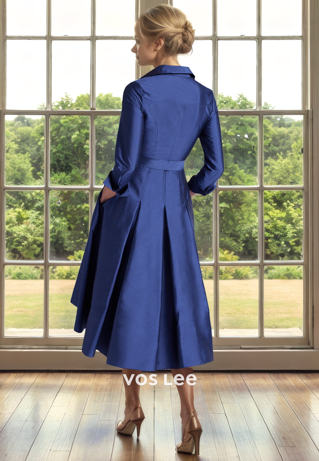 Simple A-Line Long Sleeves V Neck Pleated Tea Length Satin Mother of the Formal Dress
