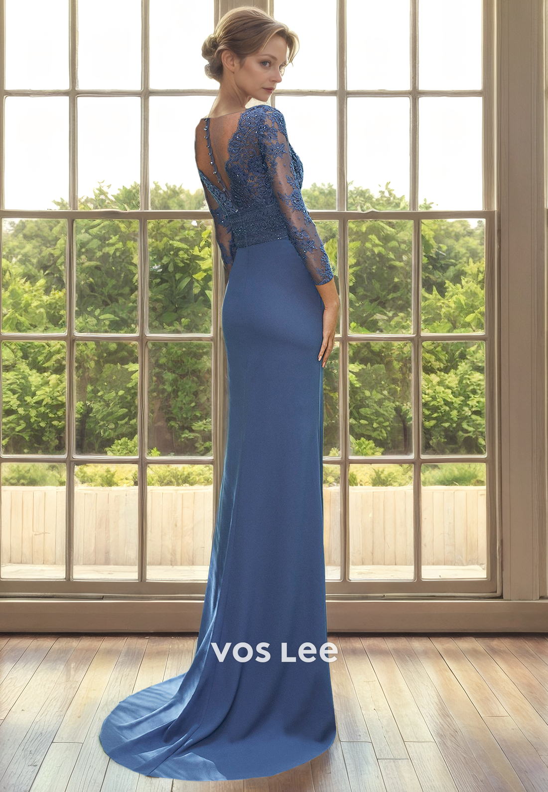 Gorgeous V Neck Long Sleeves Lace Appliques Ruffled Sweep Train Mother of the Formal Dress