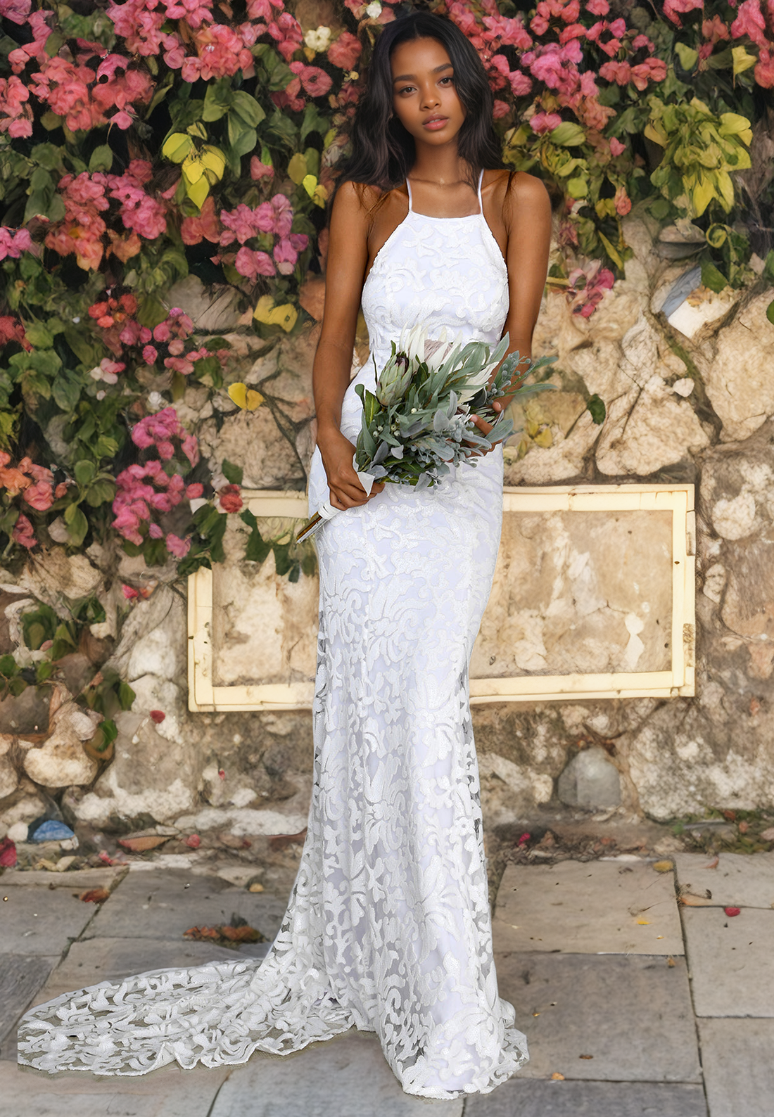 Classy Modern Court Train Trumpet/Mermaid Applique Lace Halter Sleeveless Wedding Dress