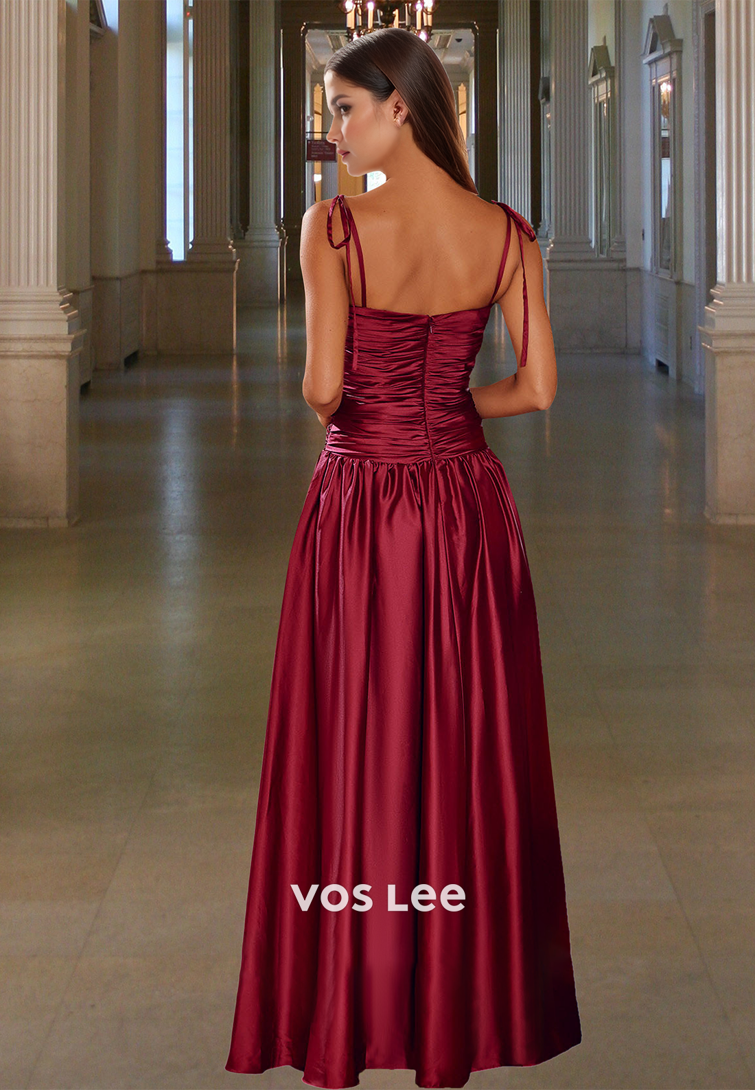 Vintage A-Line Square Neck Backk Zipper Pleated Satin Prom Formal Dress