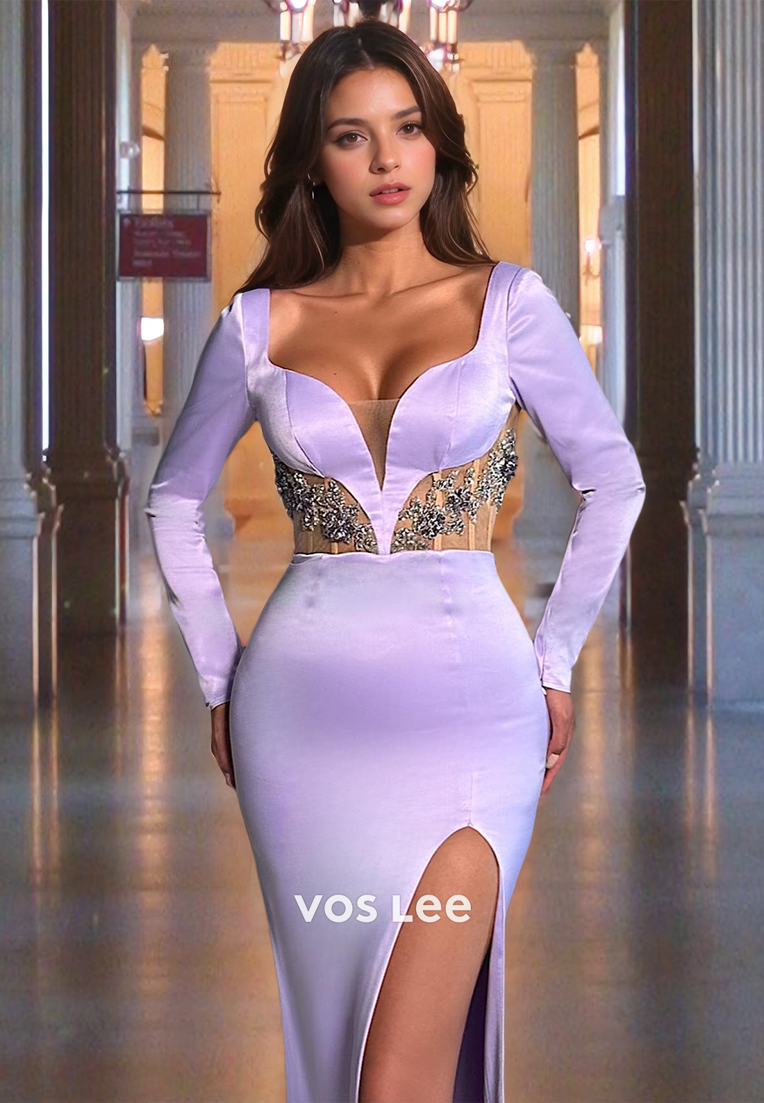 V Neck Satin Formal Lilac Prom Dress with Long Sleeves Mermaid Side Slit Cocktail Party Dresses
