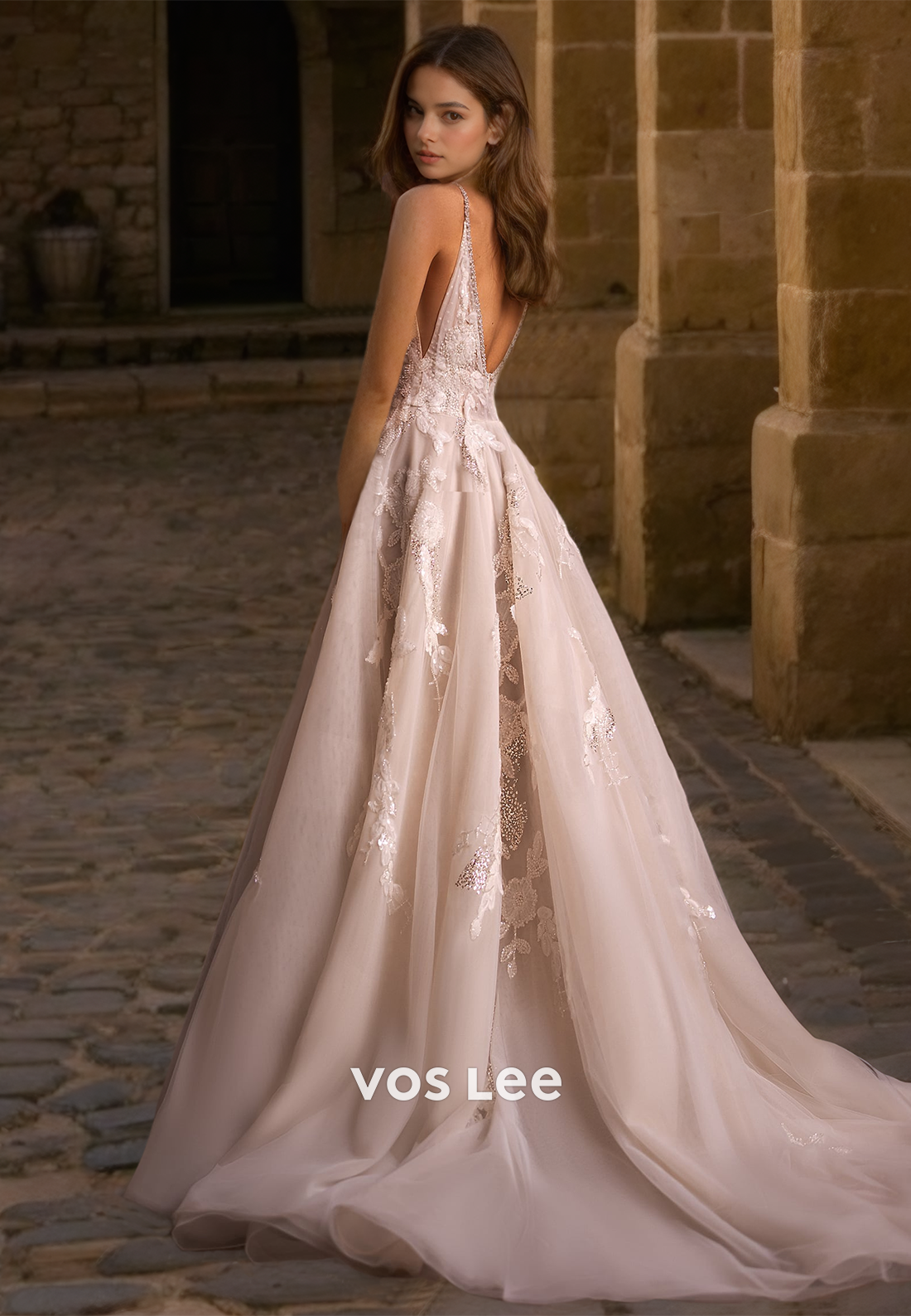 A-Line Deep V-Neck Lace Appliques Beaded Long Tulle Wedding Dress