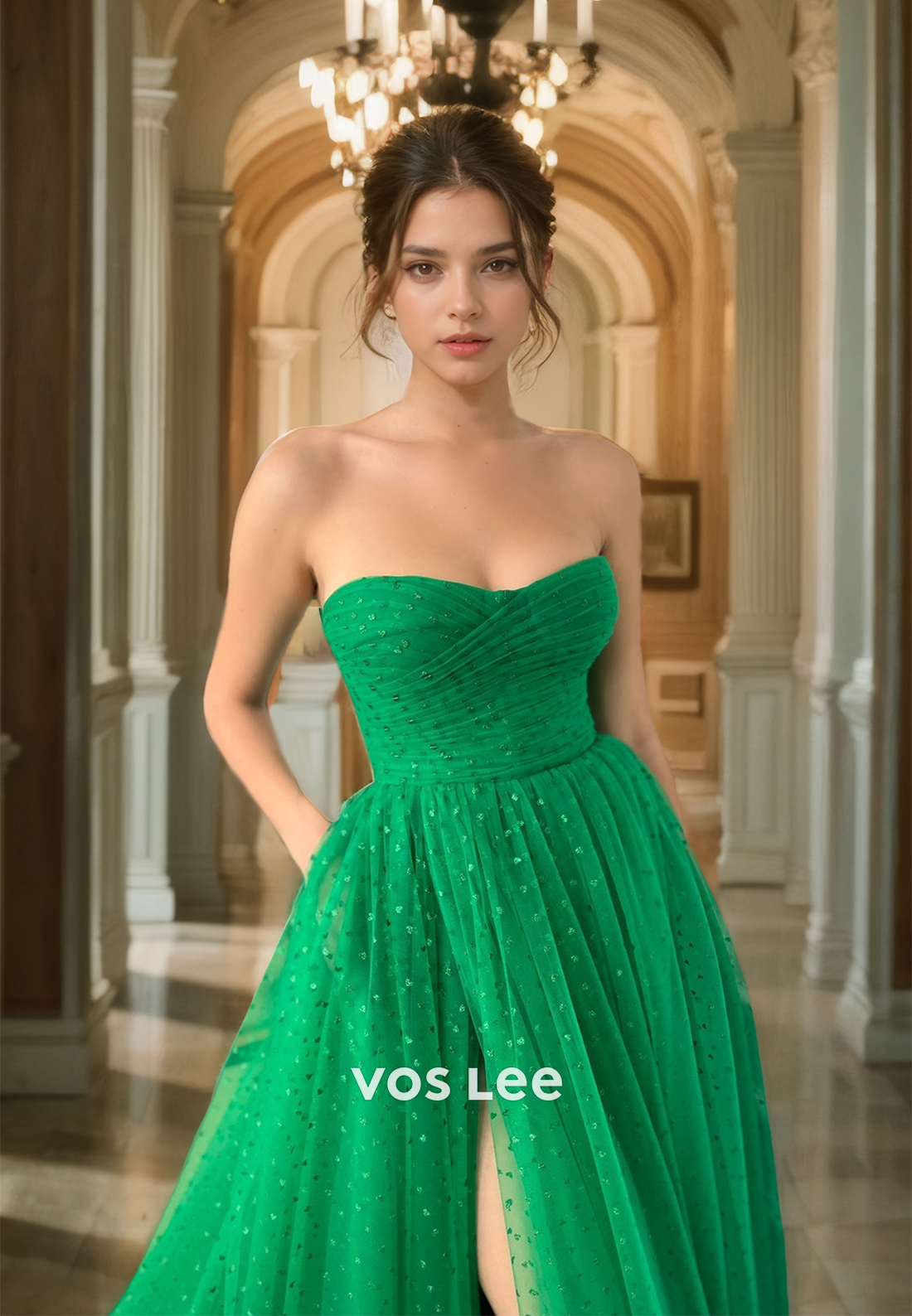 A-Line Tulle Polka Dot Green Quinceanera Dress Sweetheart Strapless Elegant Prom Dresses