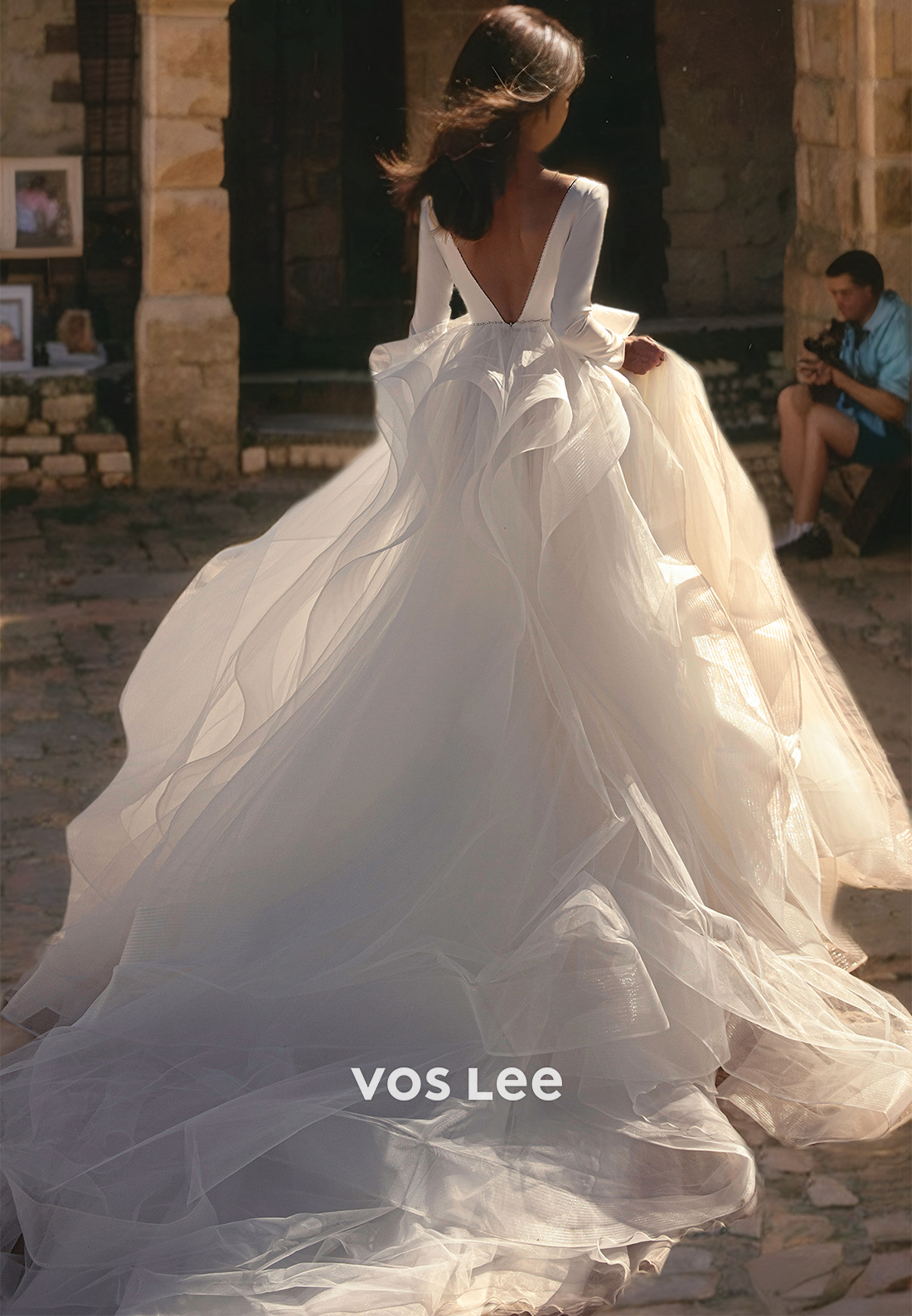 Luxurious V-Neck Rufflued Long Wedding Dress Backless Long Train Bridal Dresses with Long Sleeves