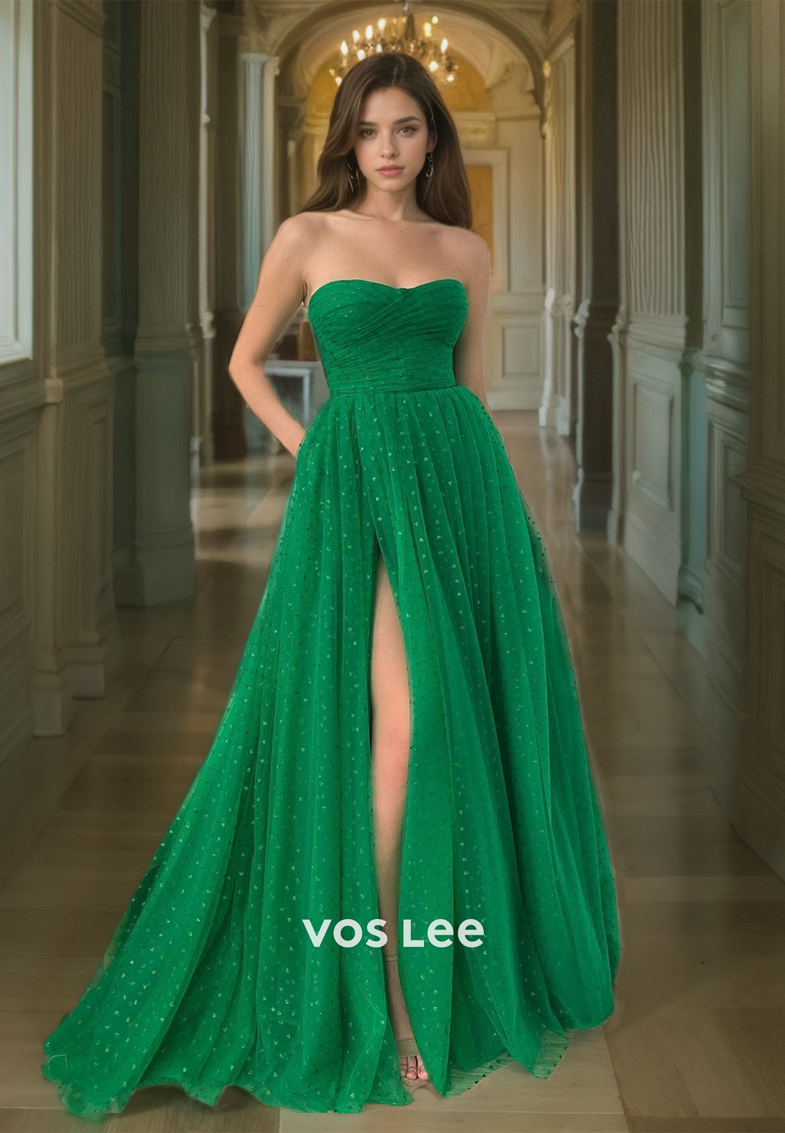 A-Line Tulle Polka Dot Green Quinceanera Dress Sweetheart Strapless Elegant Prom Dresses