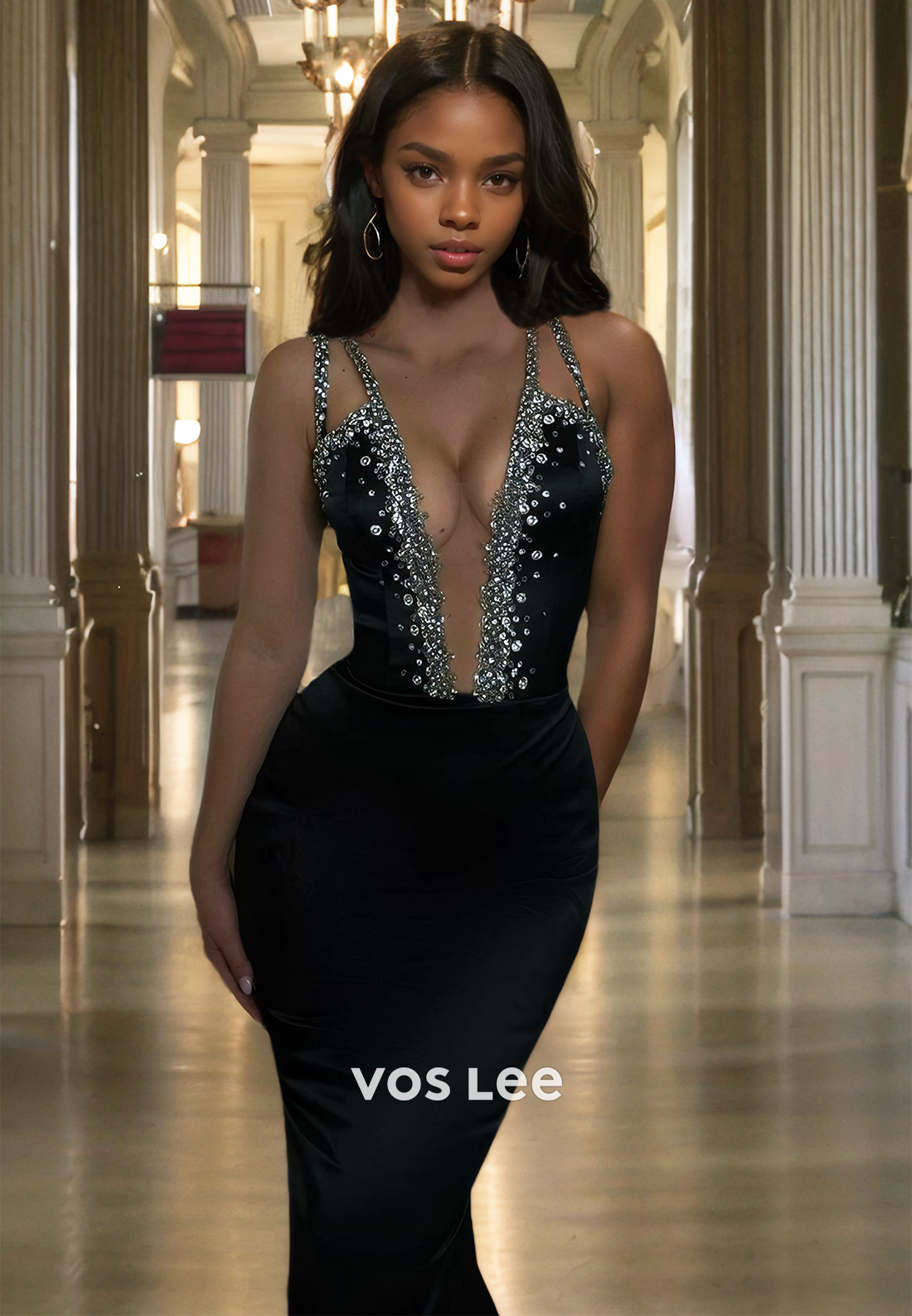 Sexy Deep V Neck Black Prom Dress Spaghetti Straps Satin Beads Pageant Dress Floor Length