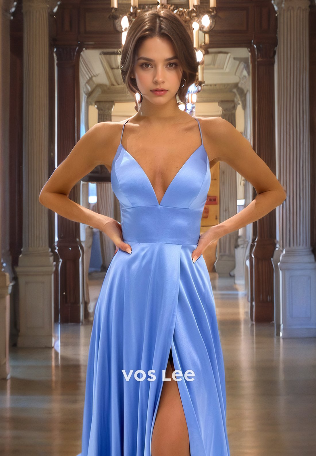 A-Line V-Neck Spaghetti Straps Court Train Pleated Prom Dress with Criss-Cross Straps