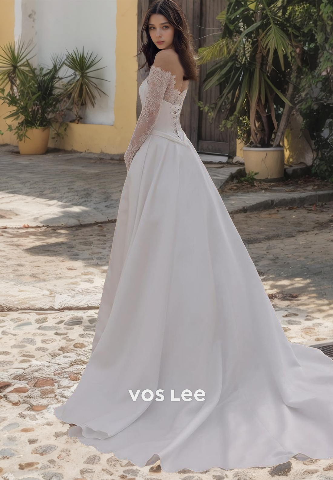 A-Line Lace Long Sleeves Bride Dress Lace Up Elegant Wedding Dresses