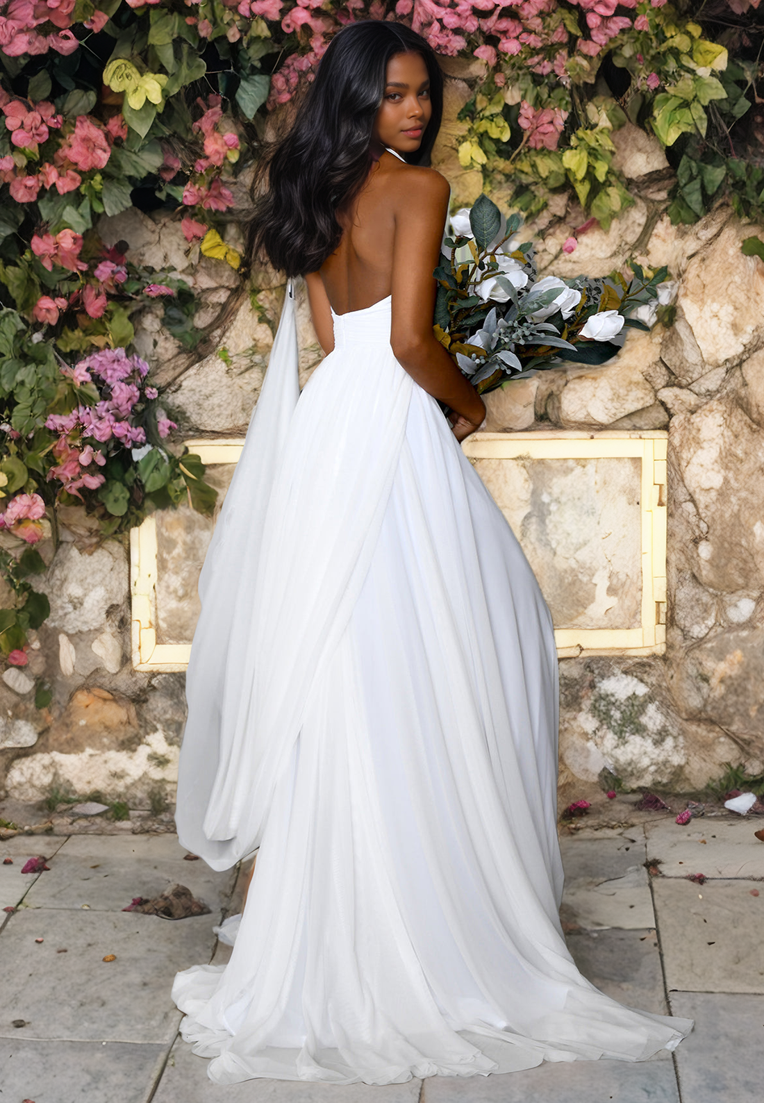 A-Line V-Neck Pleated Orangza Halter Chapel Train Wedding Dress with Slit