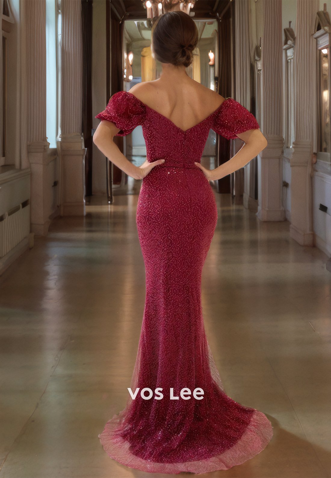 Trumpt/Mermaid Off Shoulder Sweep Train Burgundy Tulle Prom Dress with Sequins