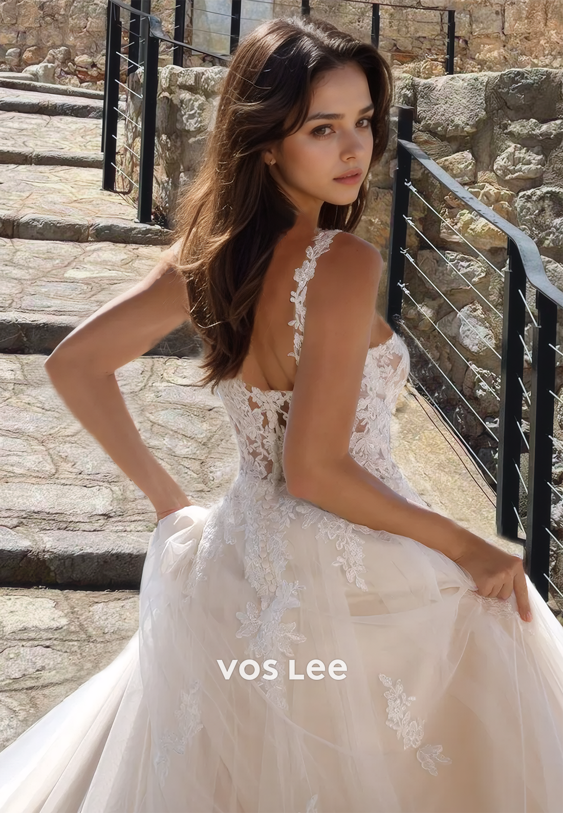 V Neck Lace A-line Gorgeous Engagement Dress Straps Floor Length Zipper Back Wedding Dress