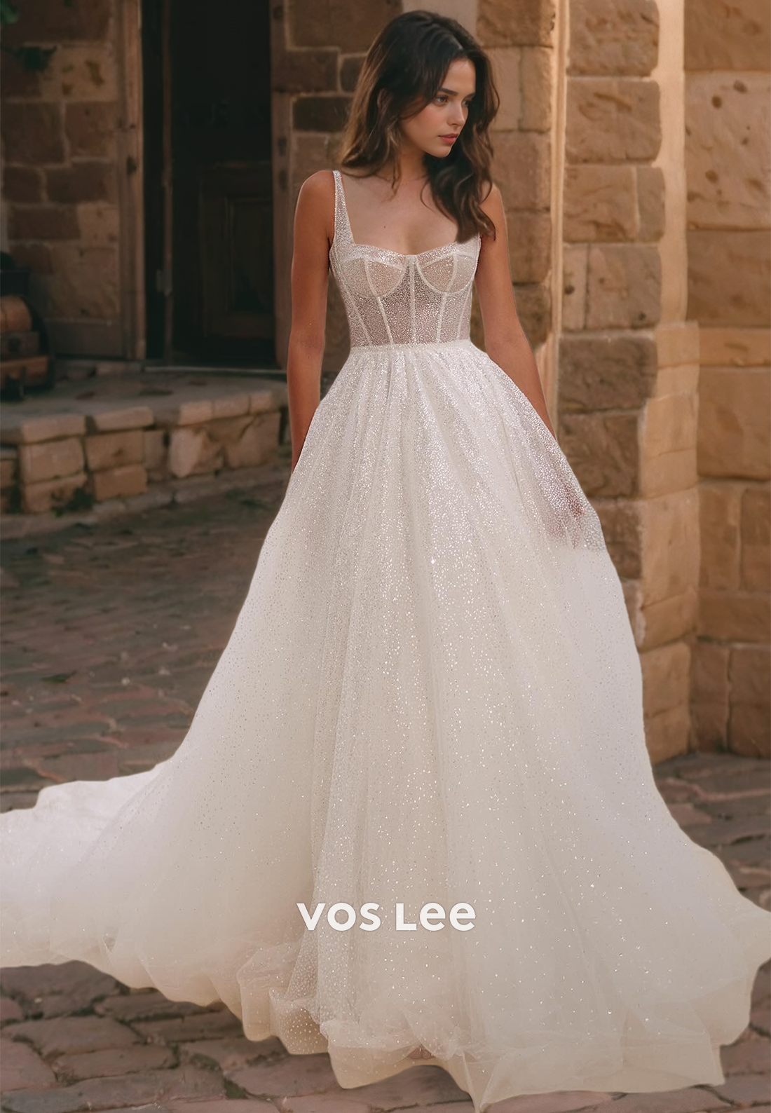 Sparkly Spaghetti Straps A-Line Wedding Gown Glitter Straps Bride Dresses Sparkly Spaghetti Straps A-Line Wedding Gown Glitter Straps Bride Dresses