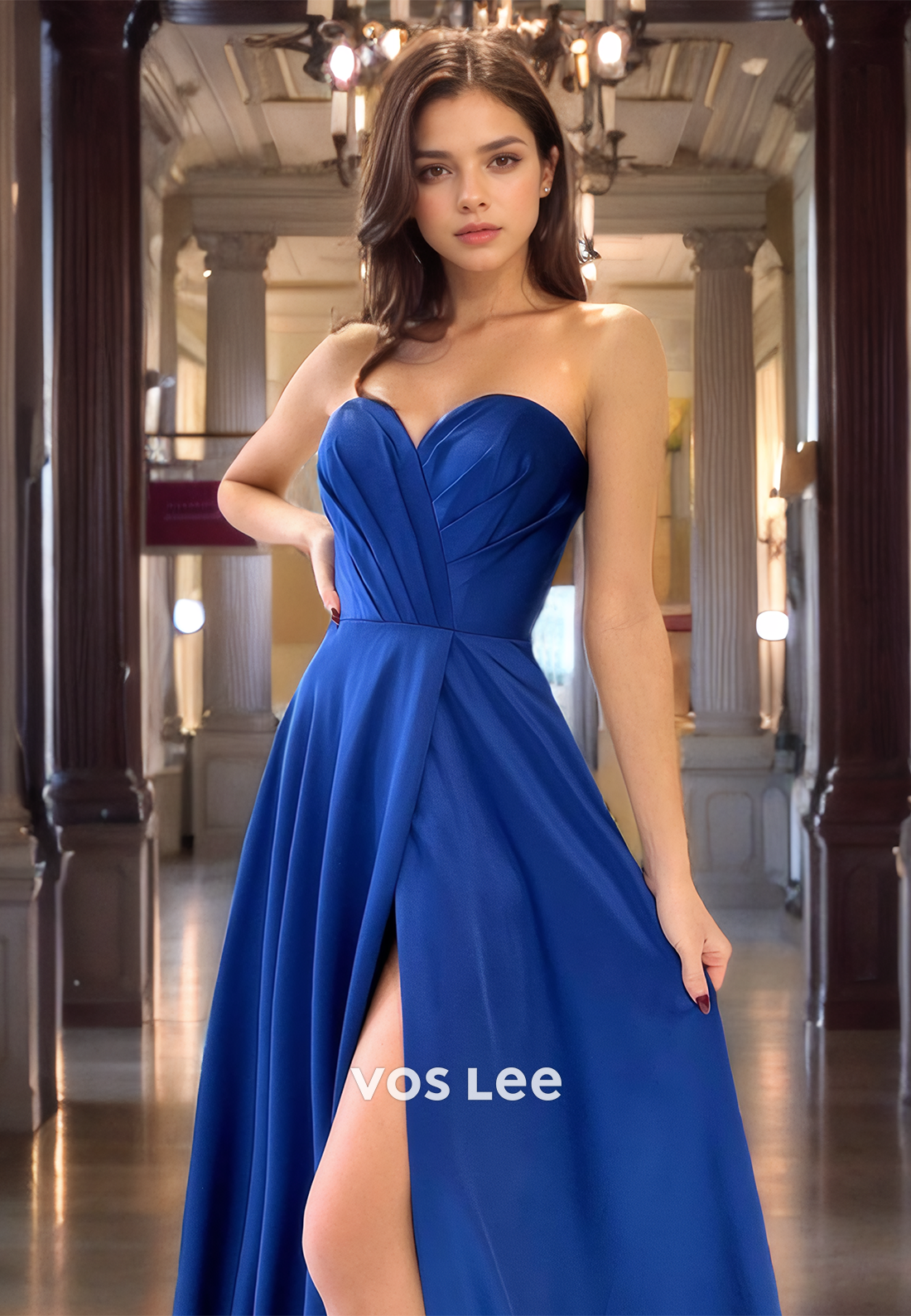 A-Line Sweetheart Strapless Court Train Ruched Satin Prom Dress with High Slit