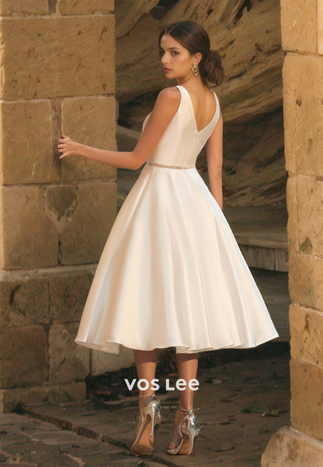 A-Line Tea Length Satin Wedding Dress Spaghetti Straps Graceful Bride Dresses Zipper Back