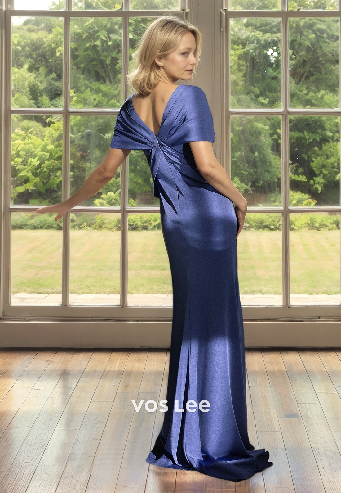 Unique Column V Neck Ruched Cap Sleeves Satin Mother of the Bride Dress