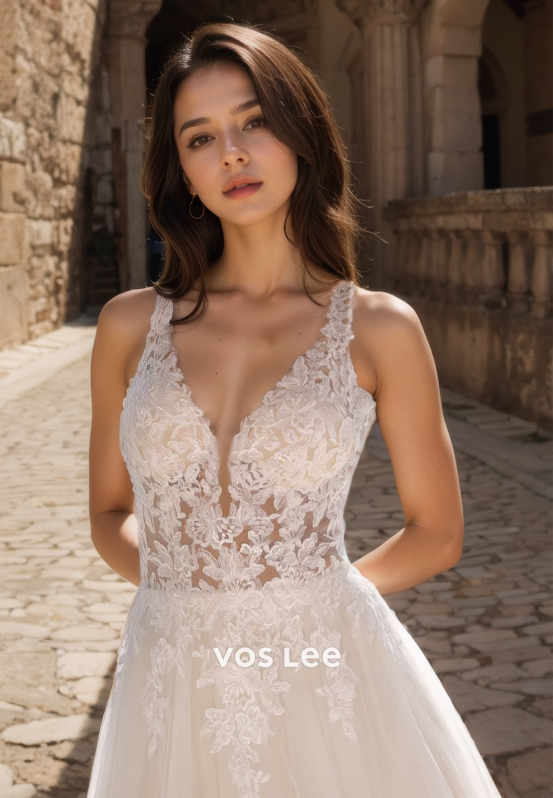 V Neck Lace A-line Gorgeous Engagement Dress Straps Floor Length Zipper Back Wedding Dress