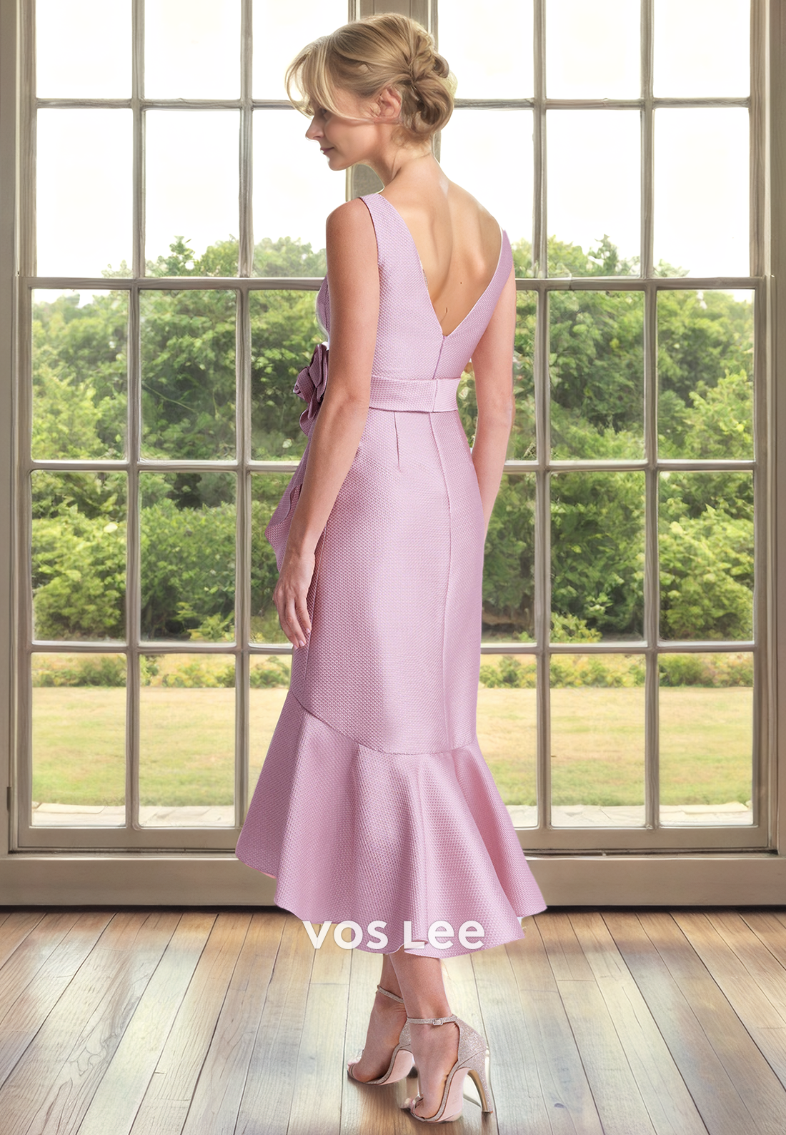 Column V Neck Backless Sleeveless Knee Length Ruffled 3D Flower Satin Mother of the Bride Dress