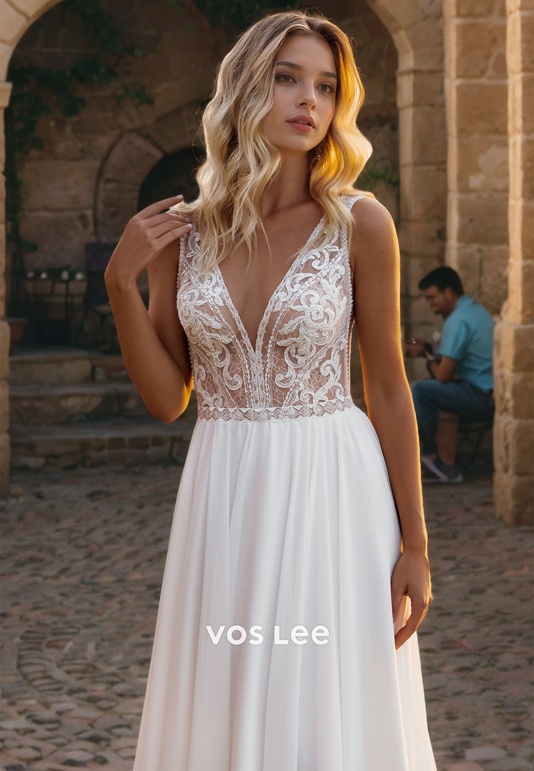 Elegant V-Neck Lace Wedding Dress Chiffon Floor Length Formal Wedding Gown