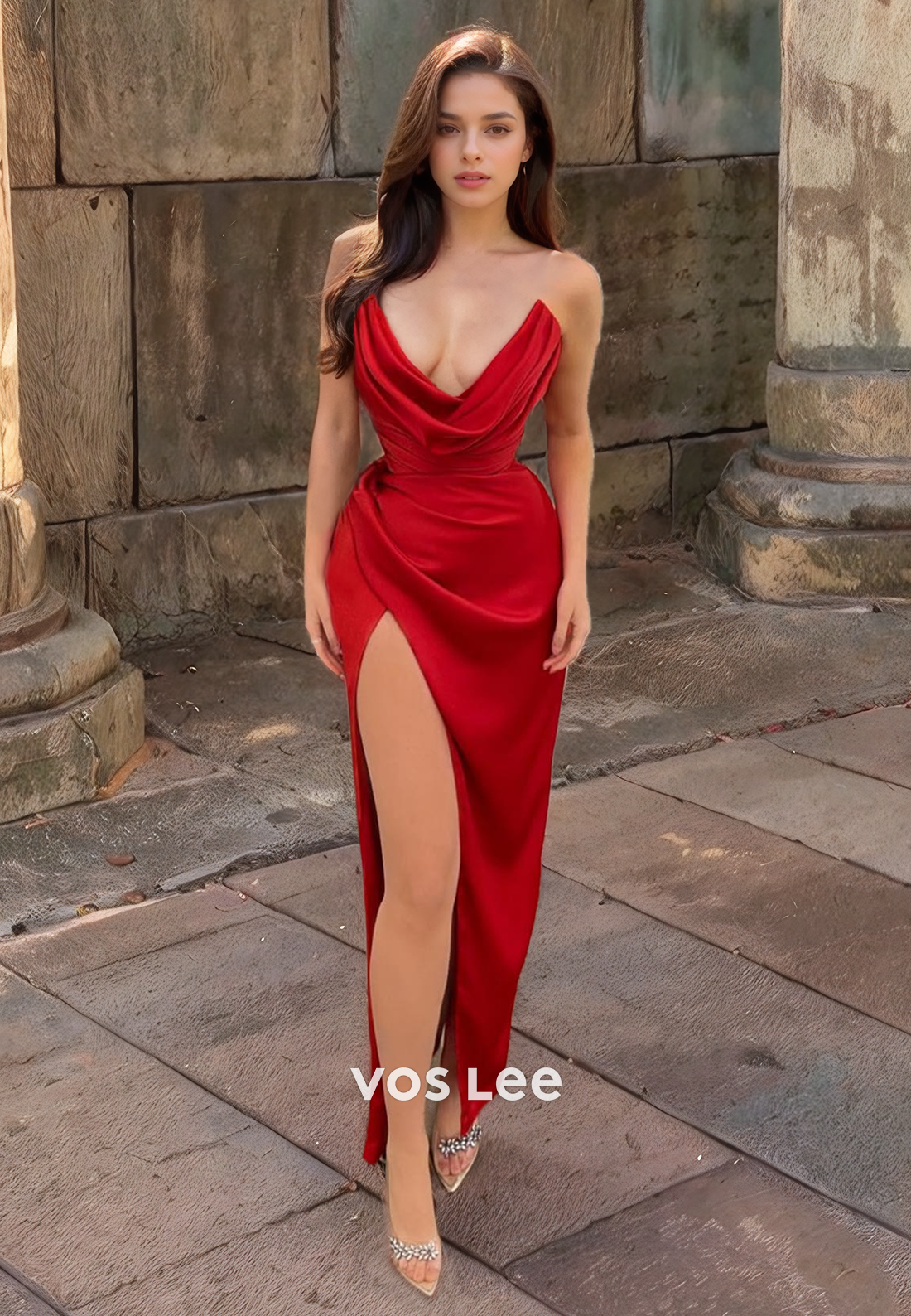 Elegant V-neck Pleated Satin Evening Prom Gown Floor Length Strapless Sexy Party Dresses with High Slit