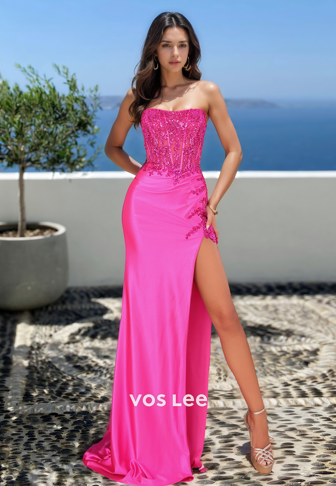 Graceful Strapless Sheath Lace Appliques High Split Sweep Train Sequins Prom Formal Dress