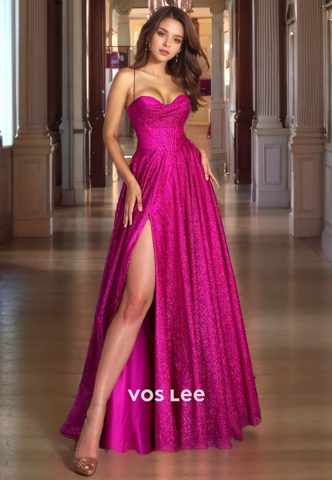 Fuchsia A-Line Sequined Corset Back Prom Dress with High Slit Sweetheart Glitter Elegant Formal Evening Dresses
