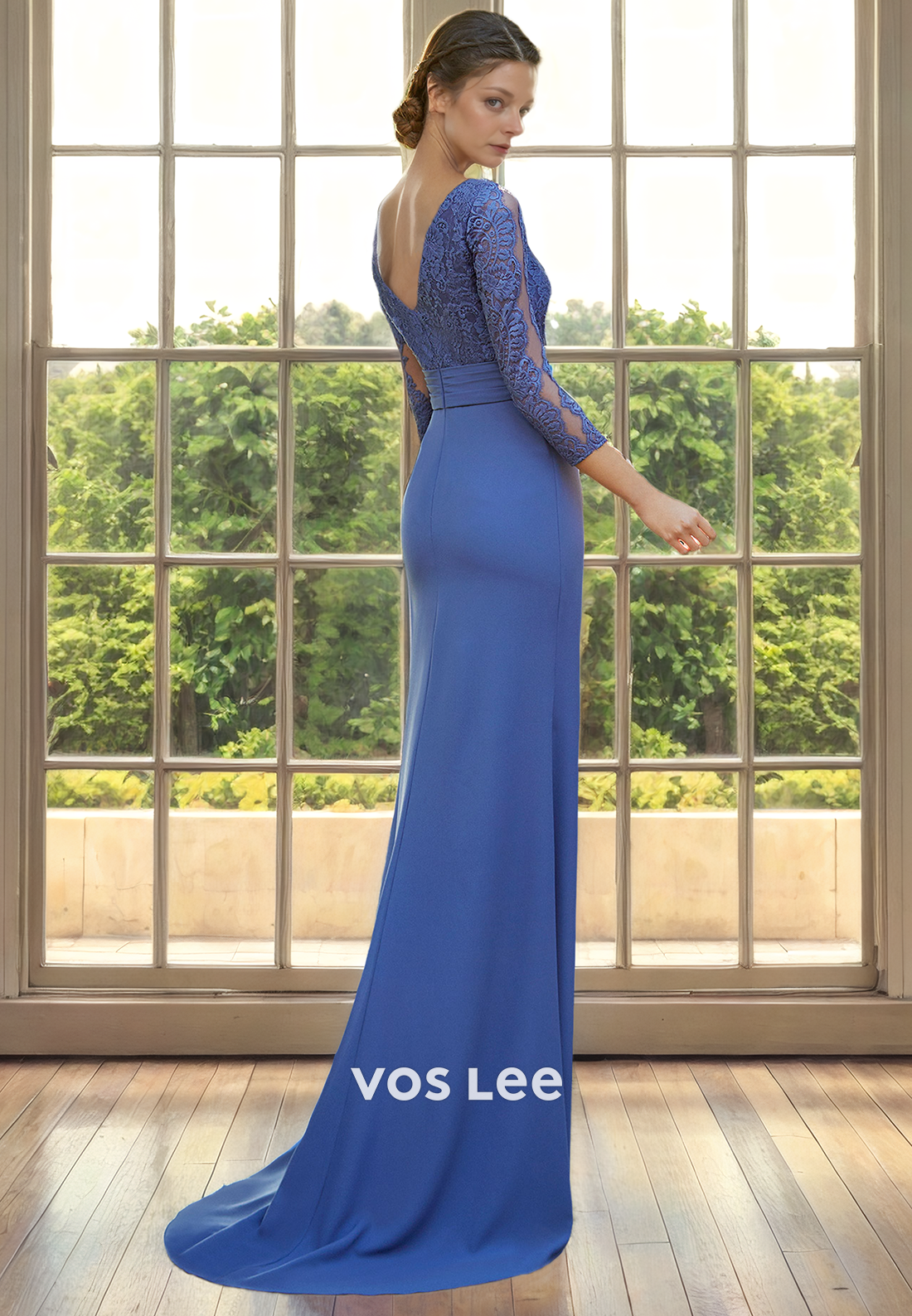 Graceful Column Bateau Long Sleeves Lace Appliques Belt Sweep Train Mother of the Bride Dress