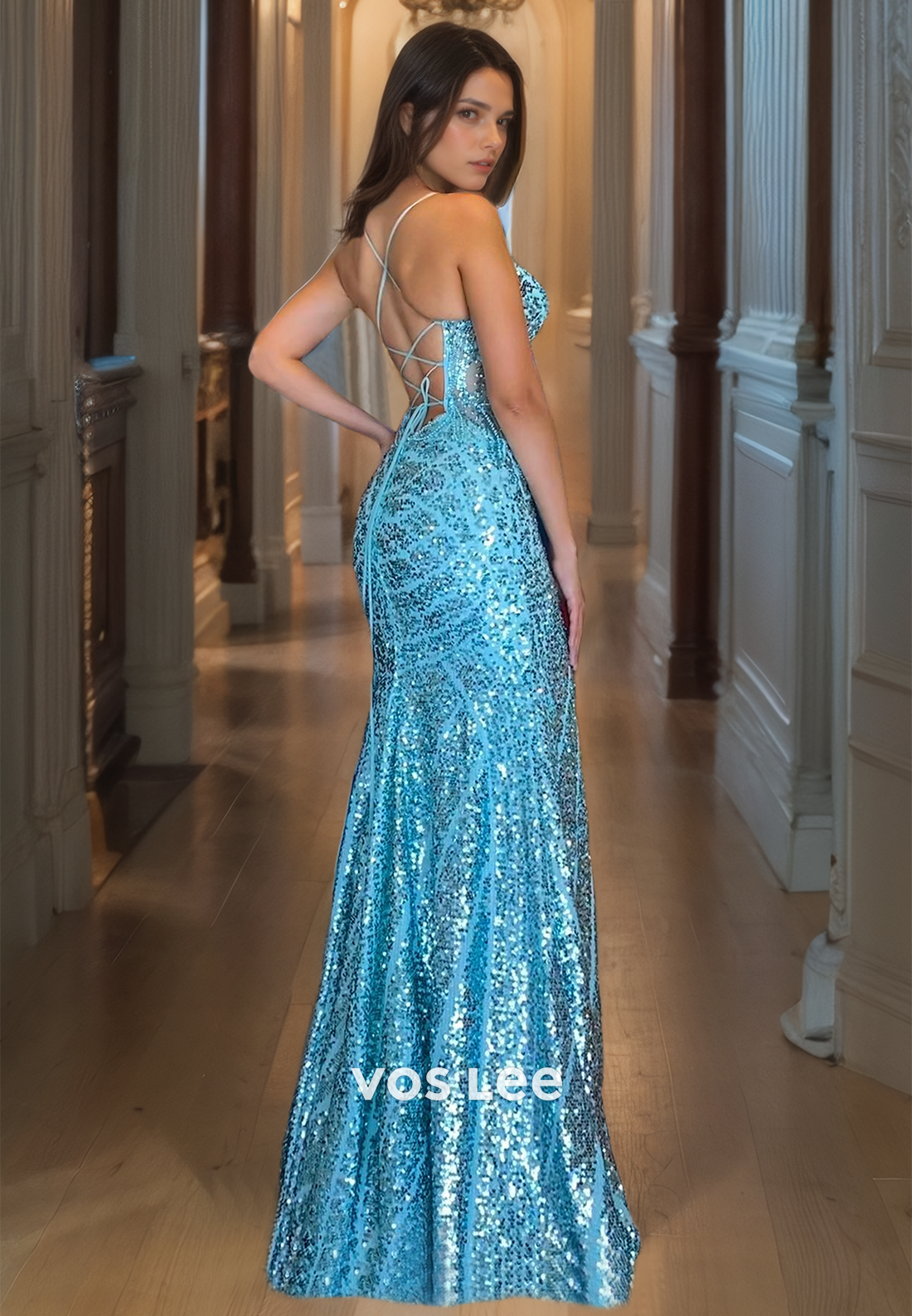Sparkly Sky Blue Mermaid Evening Prom Dress V Neck Spaghetti Straps Sequins Lace Up Cocktail Dresses