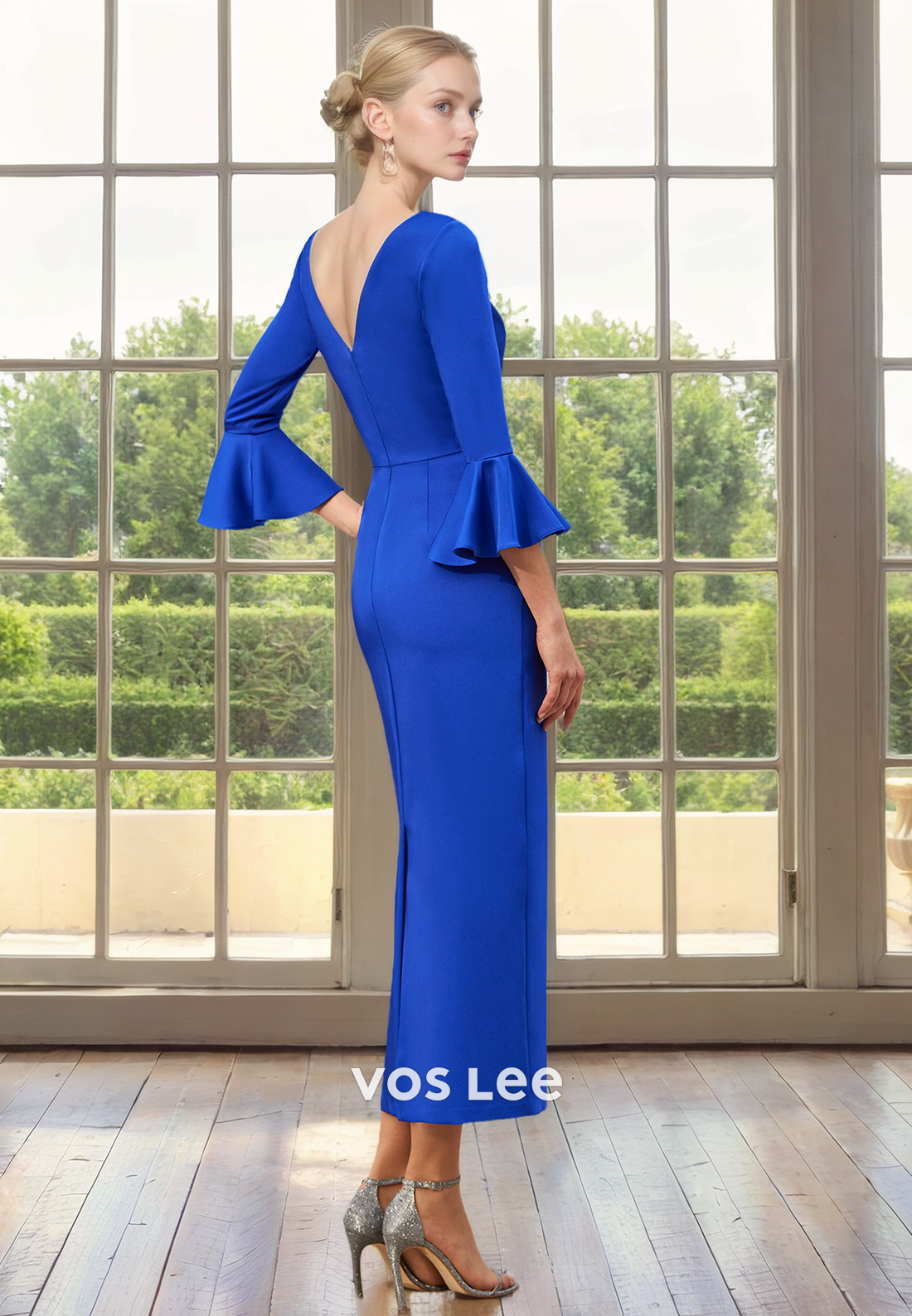 Sheath/Column Royal Blue Scoop Tea Length Long Sleeves Mother of the Bride Dresses