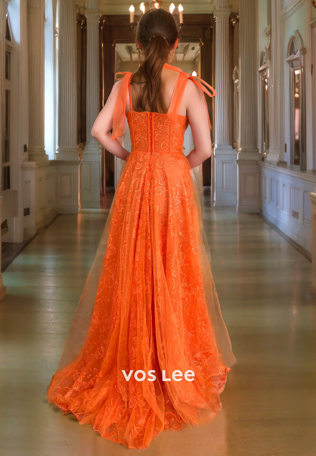 Gorgeous Orange Applique Tulle Formal Party Dress A-Line Spaghetti Straps Long Formal Evening Dress