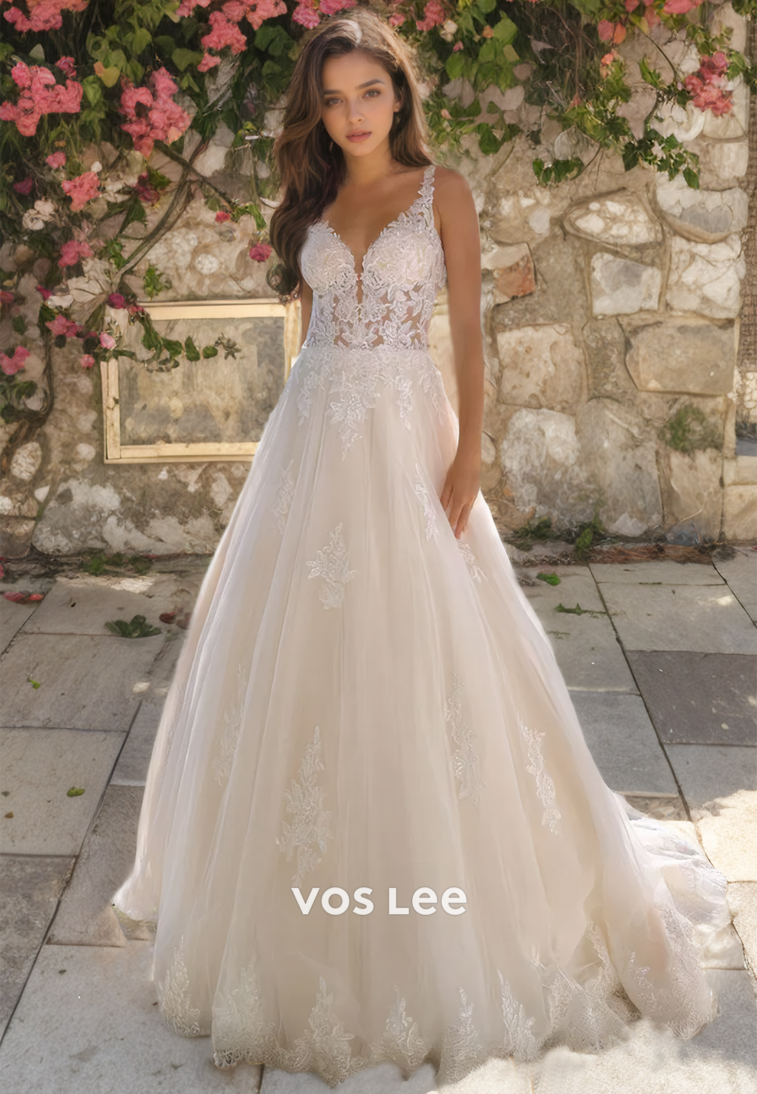 V Neck Lace A-line Gorgeous Engagement Dress Straps Floor Length Zipper Back Wedding Dress
