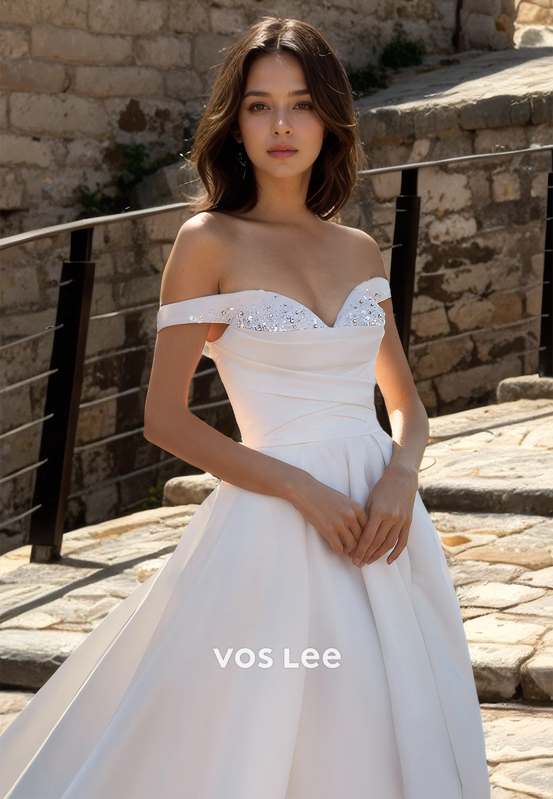 A-Line Elegant Lace-up Off-Shoulder Sequins Wedding Gown