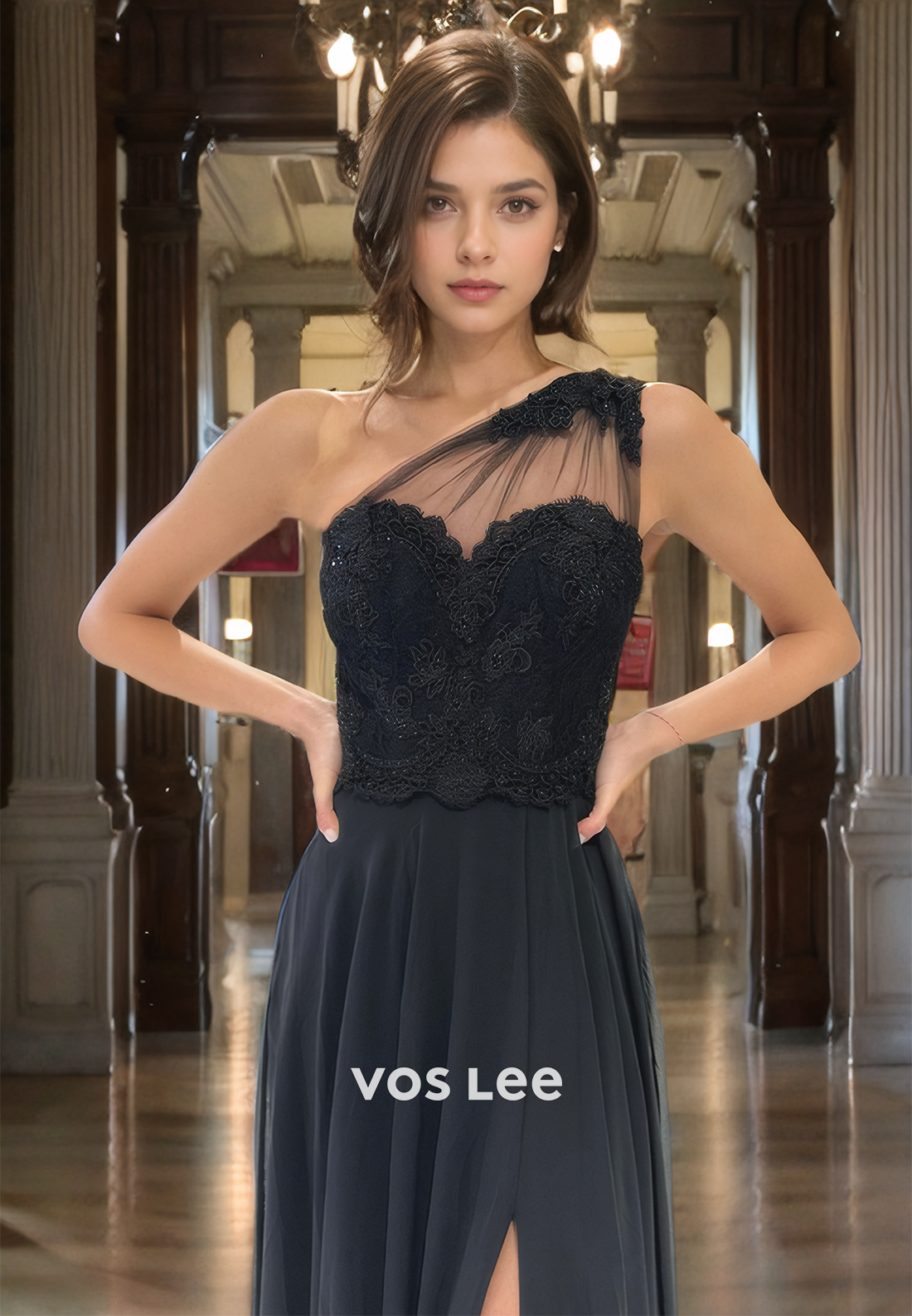 A-Line One Shoulder Sweep Train Cutout Tulle Prom Dress with Applique Lace