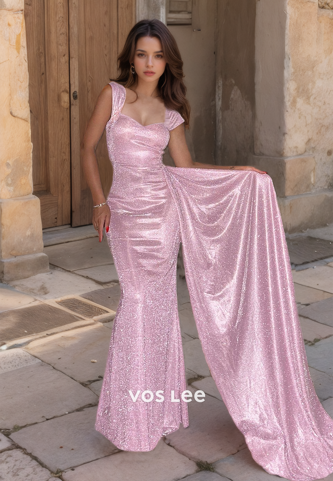 sparkly light pink dress Sparkly Baby Pink Sweetheart Prom Dress Straps Glitter Floor Length Co – VOS LEE