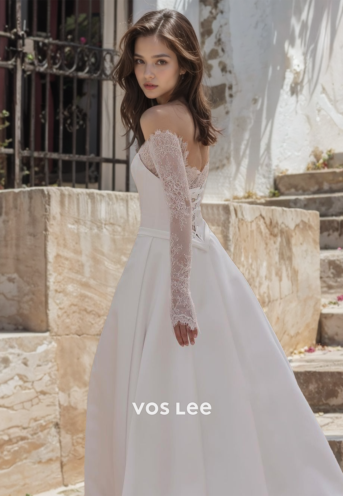 A-Line Lace Long Sleeves Bride Dress Lace Up Elegant Wedding Dresses