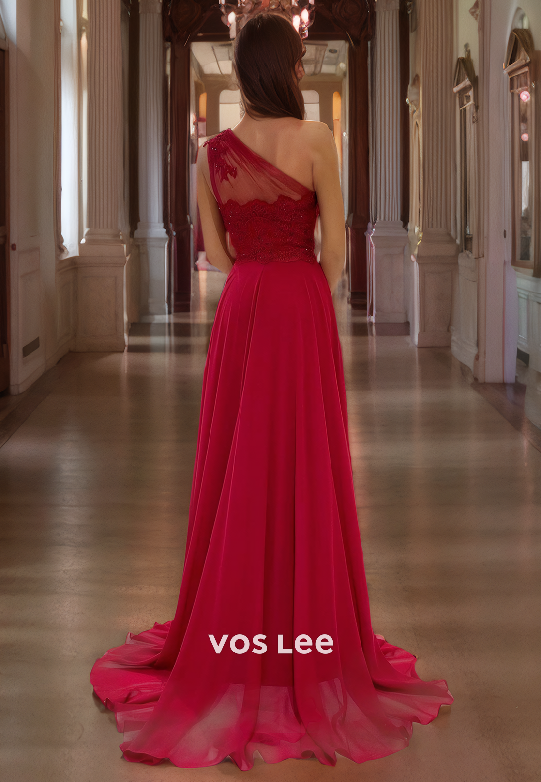 A-Line One Shoulder Cutout Sweep Train Burgundy Tulle Prom Dress with Lace Appliques