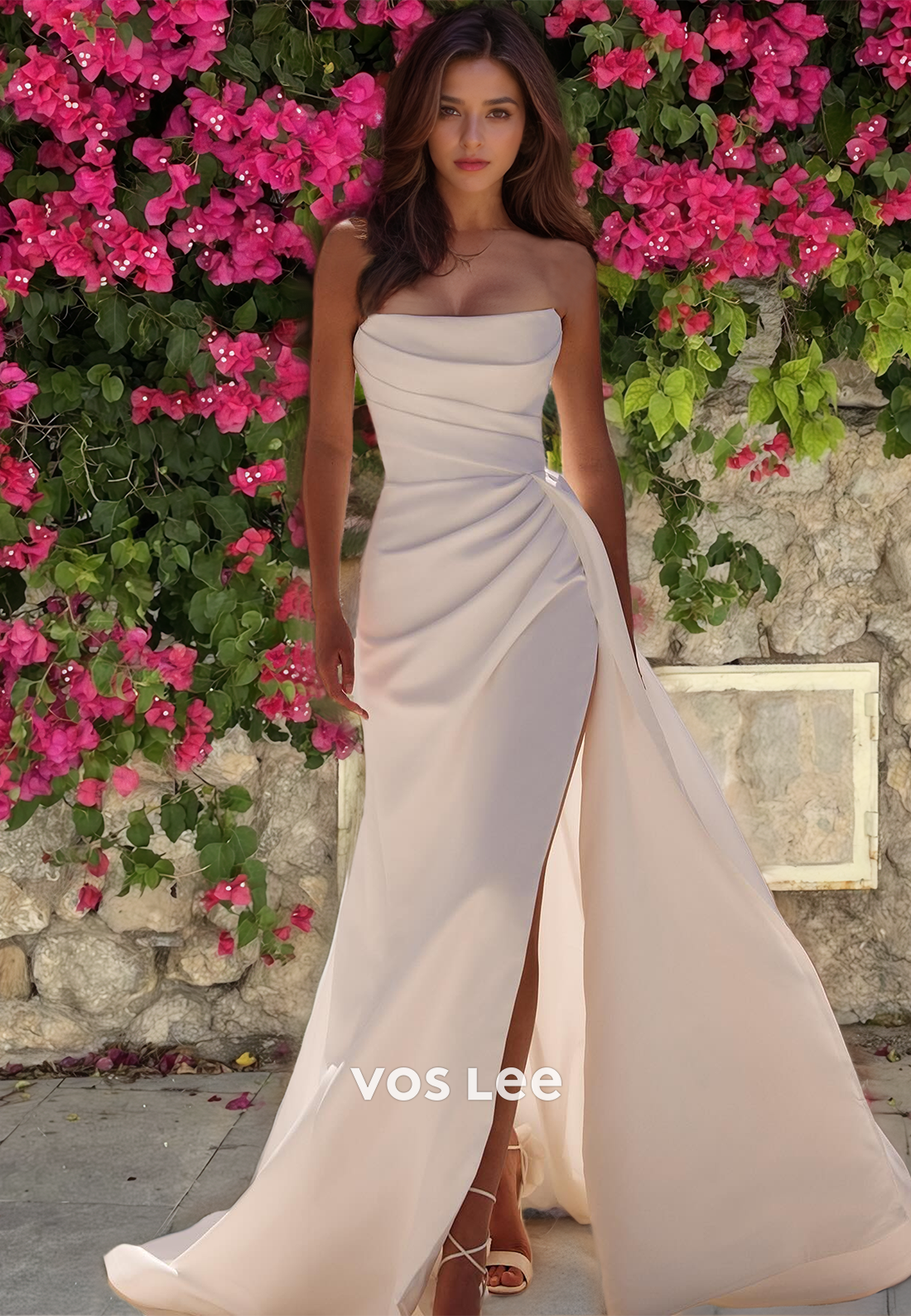 Strapless Pleated Royal Long Wedding Dress Side Split Boho Zipper Back VOS LEE Strapless Pleated Royal Long Wedding Dress Side Split Boho Zipper Back VOS LEE